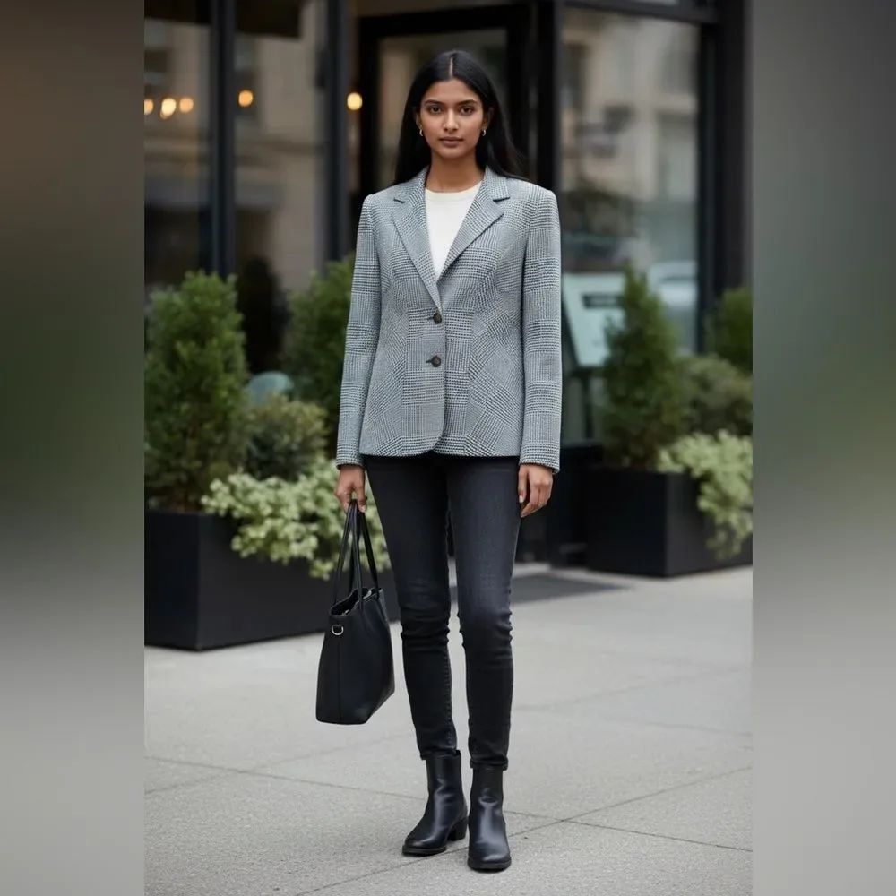 Escada  Houndstooth Virgin Wool Mohair Blend Two Button Front Blazer M